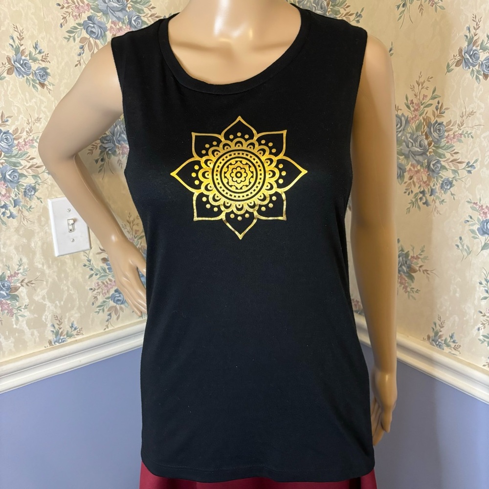 Black and Gold Muscle Tee with Mandala Graphic, Size s
